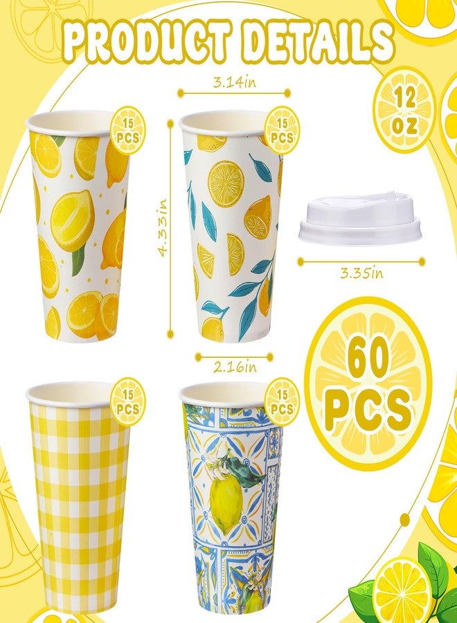 Jingmore 60 Pcs Lemon Disposable Coffee Cups with Lids 12 oz Yellow Lemon Paper Drinking Cup for Lemonade Stand Supplies Summer Party Hot Cold Beverage Water Juice - Image 2
