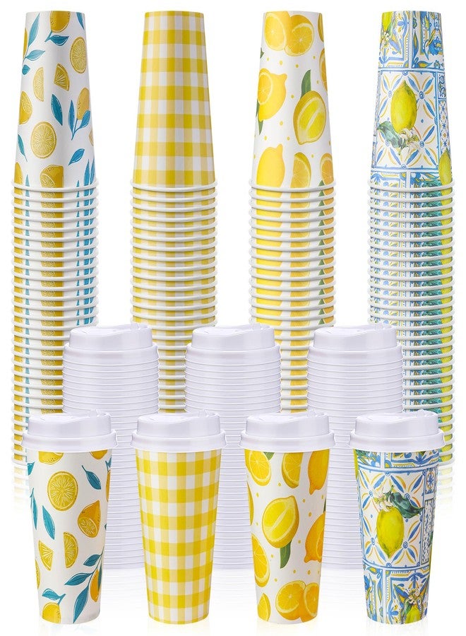 Jingmore 60 Pcs Lemon Disposable Coffee Cups with Lids 12 oz Yellow Lemon Paper Drinking Cup for Lemonade Stand Supplies Summer Party Hot Cold Beverage Water Juice - Image 1