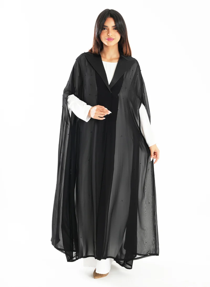 Rosette Abaya Elegant Chiffon Black Abaya with Embroidered Jacket Collar Design
