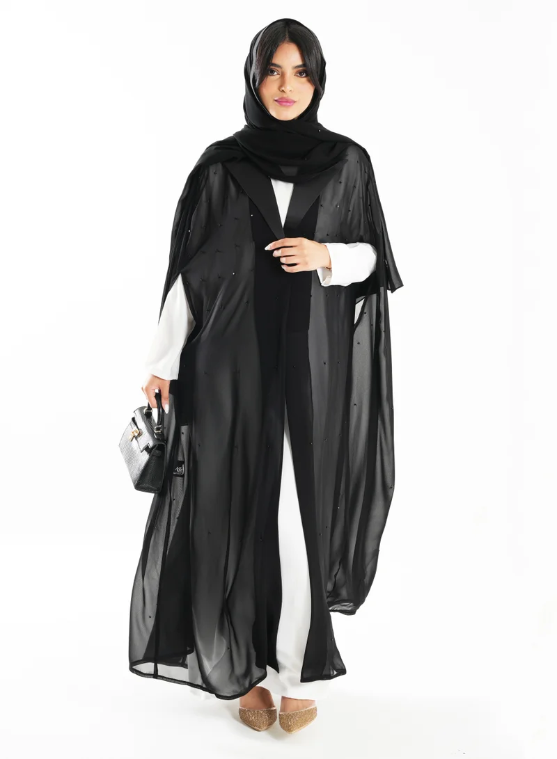 Rosette Abaya  Elegant Chiffon Black Abaya with Embroidered Jacket Collar Design for Women | Best Price UAE