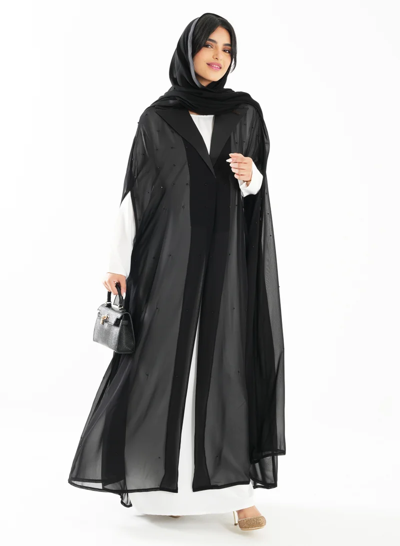 Rosette Abaya Elegant Chiffon Black Abaya with Embroidered Jacket Collar Design