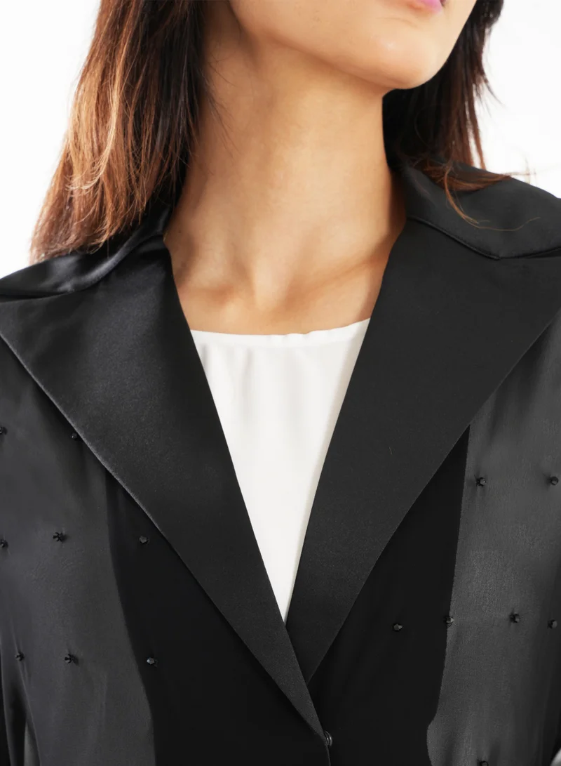 Rosette Abaya  Elegant Chiffon Black Abaya with Embroidered Jacket Collar Design for Women | Best Price UAE