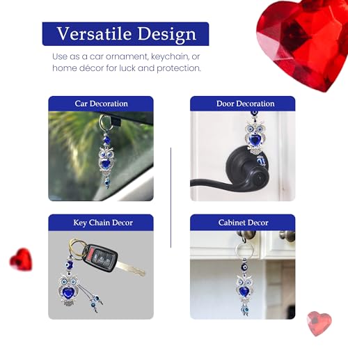 LUCKBOOSTIUM Owl Evil Eye Protection Amulet - Evil Eye Keychain with Blue Crystal Beads, Sign of Good Fortune & Blessing - Car Rear View Mirror Accessories, Home and Office Decor, Bag & Purse Charm - Image 4