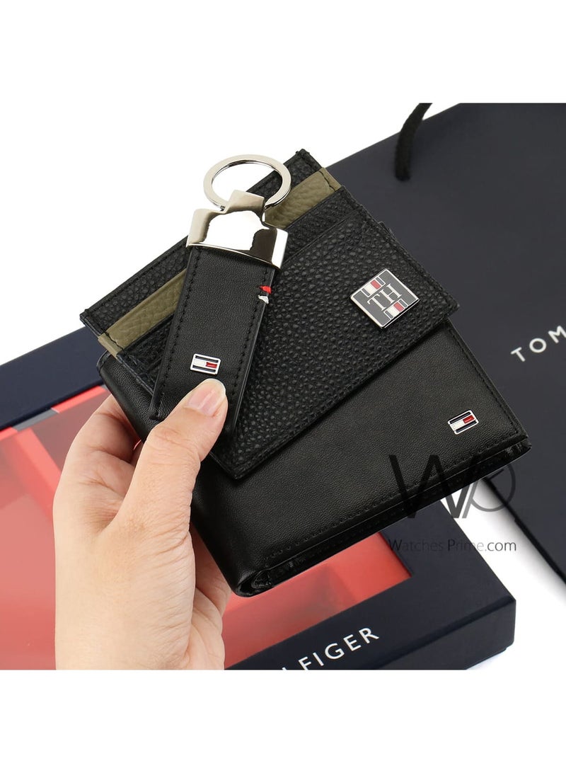 Tommy Icons مجموعة محفظة تومي هيلفيغر بسلسلة مفاتيح وحامل بطاقات باللون الأسود والأخضر للرجال من الجلد الطبيعي - Image 2