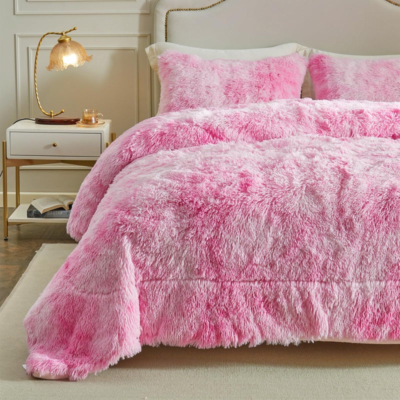 Wajade Faux Fur Plush Pink Comforter Set Fluffy Fuzzy Shaggy Bedding Set - 3PC King Size Microfiber Soft Warm Quilt Set - Image 1