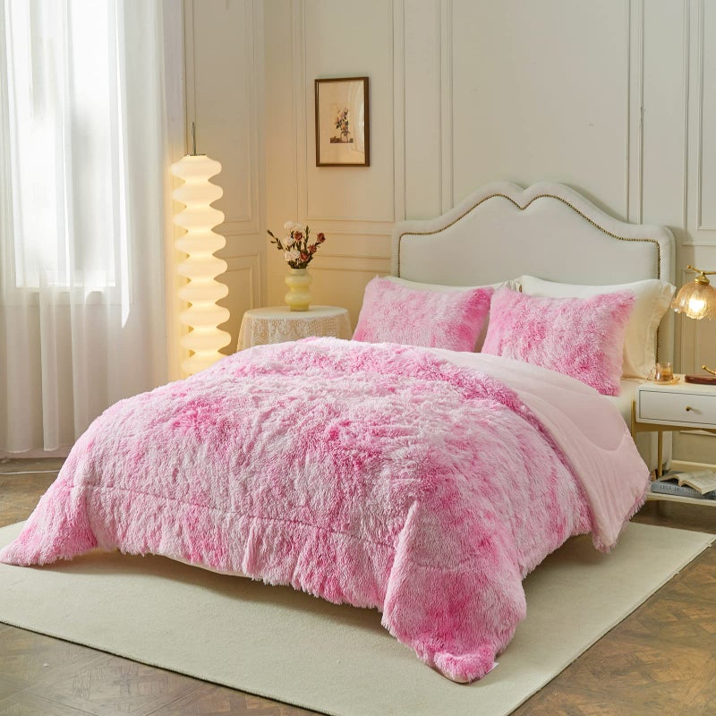 Wajade Faux Fur Plush Pink Comforter Set Fluffy Fuzzy Shaggy Bedding Set - 3PC King Size Microfiber Soft Warm Quilt Set - Image 4