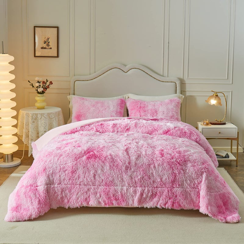 Wajade Faux Fur Plush Pink Comforter Set Fluffy Fuzzy Shaggy Bedding Set - 3PC King Size Microfiber Soft Warm Quilt Set - Image 2
