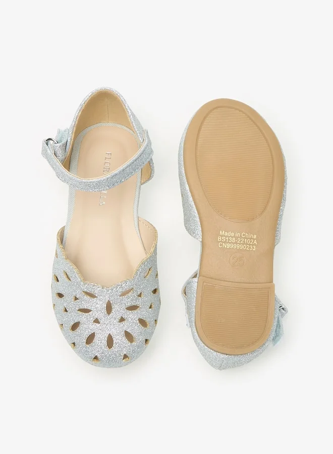 Flora Bella By Shoexpress Girls Glittery Round Toe Ballerina Shoes with Hook and Loop Closure
