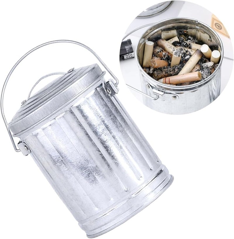 Galvanized Iron Retro Ashtray with Cover Small Desktop Trash Bin for Home Office - Image 2