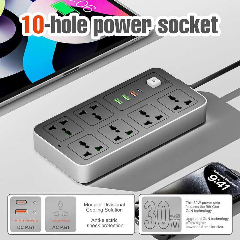 INFLUX 6-Outlet 3M Extension Cord with USB Ports and C-type, Surge Protector & Multi-Plug Adapter, Power Extension Cable, USB Hub with Smart and Socket - Perfect for Gaming with 13A Fused Plug - Image 2
