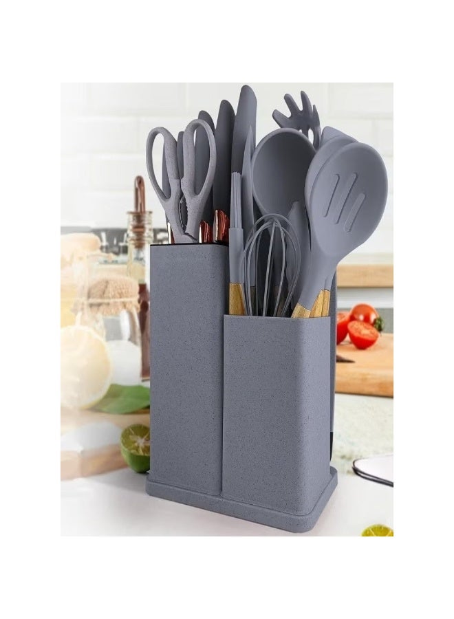 Dreamzon 19-Piece Silicone Kitchen Utensil and Knife Set with Wood Handles, Cutting Board, and Dual-Compartment Storage Block Multicolor - Image 1