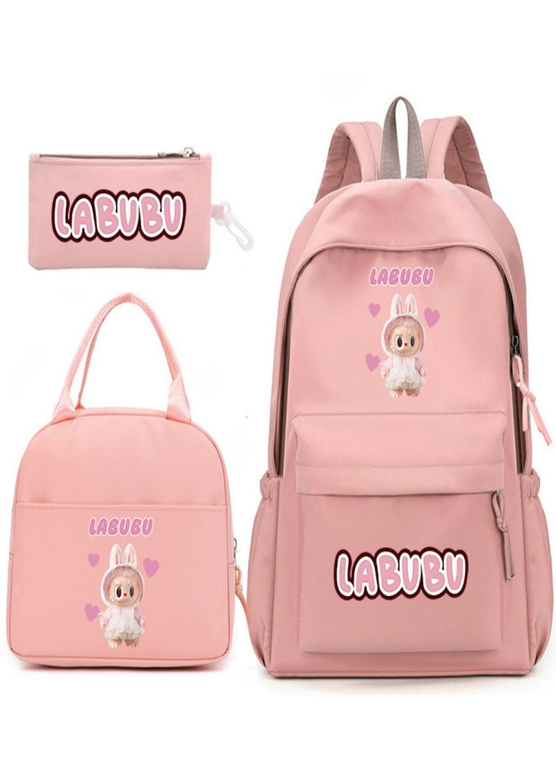 Labubu Children Backpack Schoolbag Teen Student School Book bag with Lunch Box Pen Case 3 in 1 for Kids