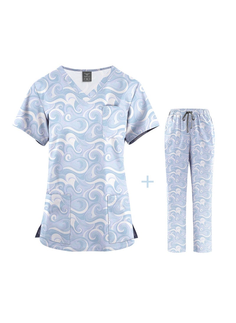 KUYING New V-neck Printed Slim Fit Short Sleeved Pants For Hospital And Clinic Work Clothes - Image 2