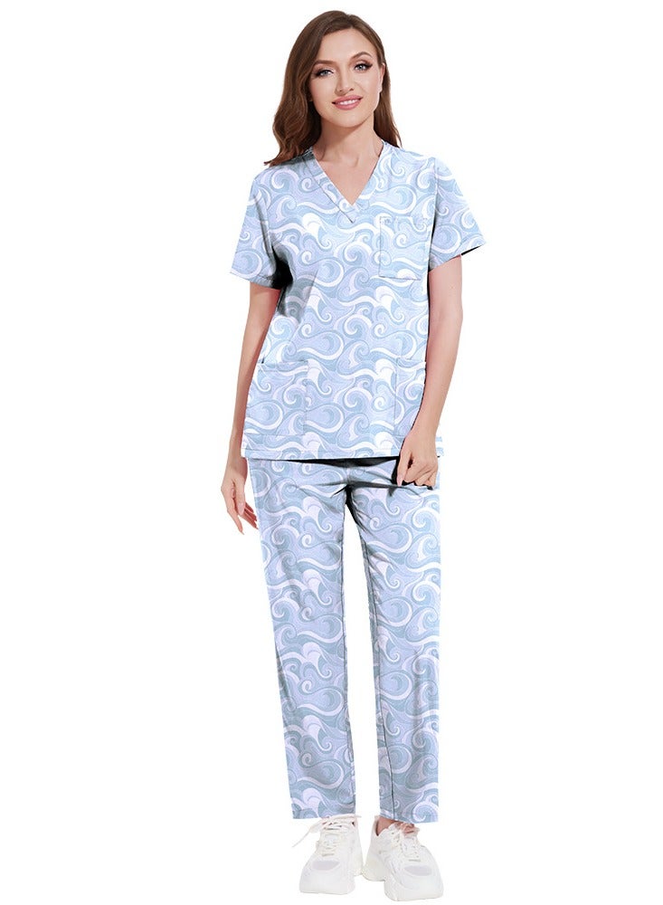 KUYING New V-neck Printed Slim Fit Short Sleeved Pants For Hospital And Clinic Work Clothes - Image 1