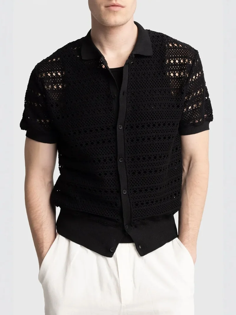 Giesto Black GIESTO Textured Knit Polo Collar Shirt with Button Closure for Men | Best Price UAE