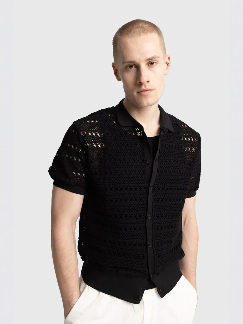 Giesto Black GIESTO Textured Knit Polo Collar Shirt with Button Closure for Men | Best Price UAE