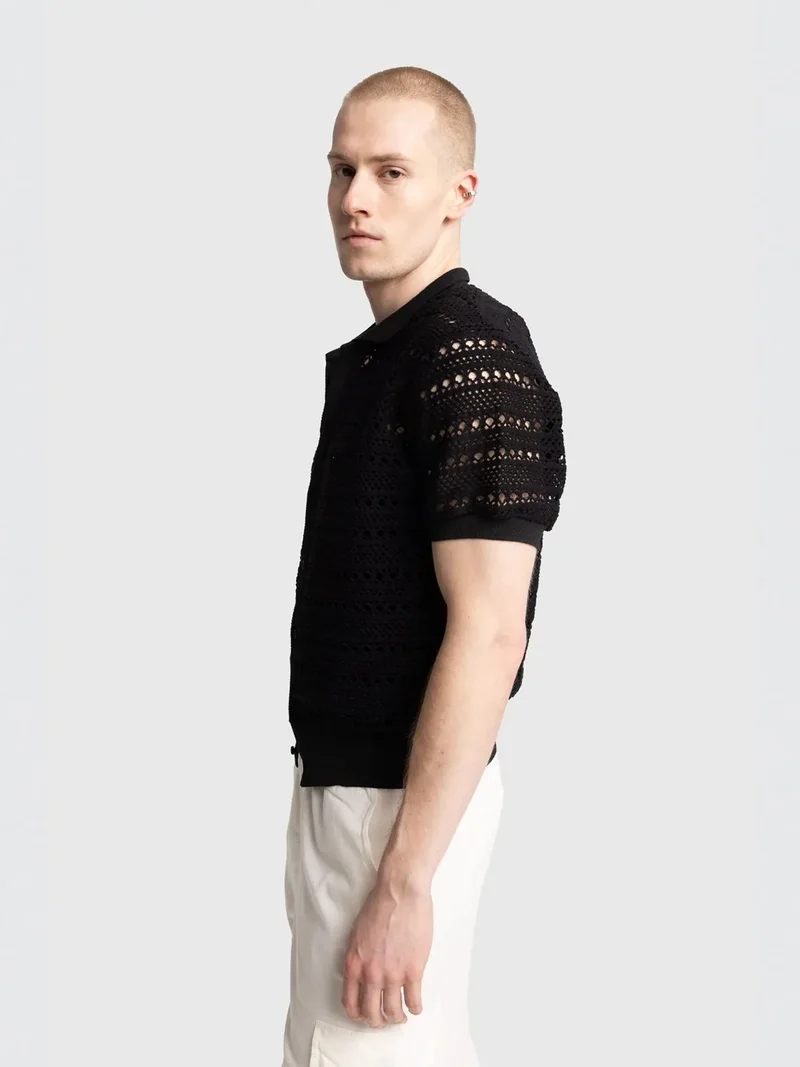 Giesto Black GIESTO Textured Knit Polo Collar Shirt with Button Closure for Men | Best Price UAE