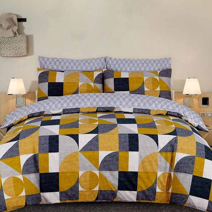 100 COTTON DUVET COVER SET PRINTED REVERSIBLE DUVET QUILT COVER SETGEOMETRIC MUSTARD AND GREYKING