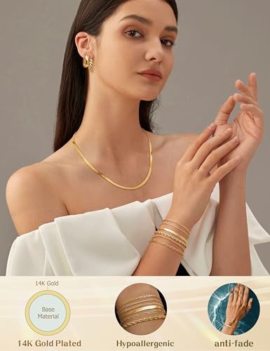 YADOCA 8/9/11 Pcs Gold Jewelry Set for Women Dainty 14k Gold Plated Chunky Hoop Earrings Bracelets Stack Herringbone Necklace Fashion Costume Accessories Women's Jewelry Set - Image 2