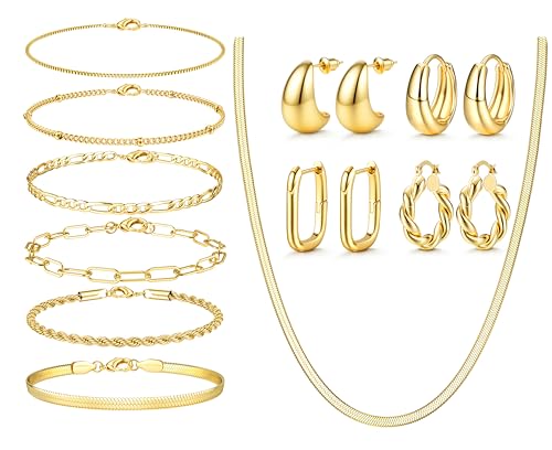 YADOCA 8/9/11 Pcs Gold Jewelry Set for Women Dainty 14k Gold Plated Chunky Hoop Earrings Bracelets Stack Herringbone Necklace Fashion Costume Accessories Women's Jewelry Set - Image 1