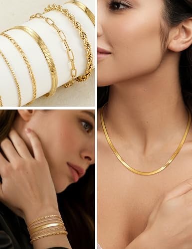 YADOCA 8/9/11 Pcs Gold Jewelry Set for Women Dainty 14k Gold Plated Chunky Hoop Earrings Bracelets Stack Herringbone Necklace Fashion Costume Accessories Women's Jewelry Set - Image 3