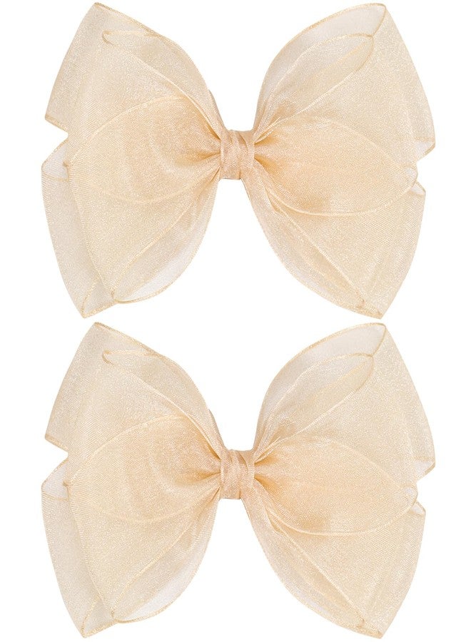 ZOLYCO Large Big 6 Inch Organza Double Hair Bow Clip Party Alligator Mesh Hair Accessories for Women Teens Girls Kids 2 Pcs (Champagne) - Image 1