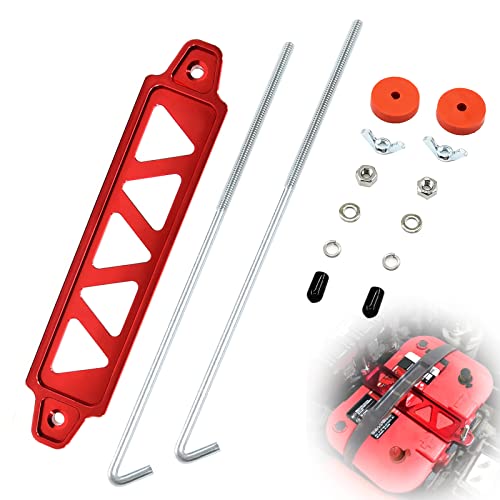Young Dance Battery Hold Down Bracket, Aluminum Alloy Battery Tie Down Bracket, Battery Tray for Car Battery Mount Bracket Hold Lock Accessories, Car Battery Lock Down- with 10in J Bolts (Red) - Image 1
