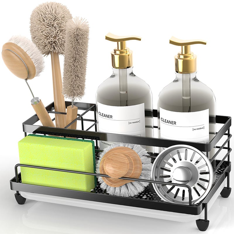 Cisily Large Black Sponge Holder for Kitchen, Sink Caddy Sink Organizer Rack for Kitchen Accessories with Drip Tray, Rustproof and Non-slip, Soap Dispenser Countertop Organizer Essentials for New Home - Image 1