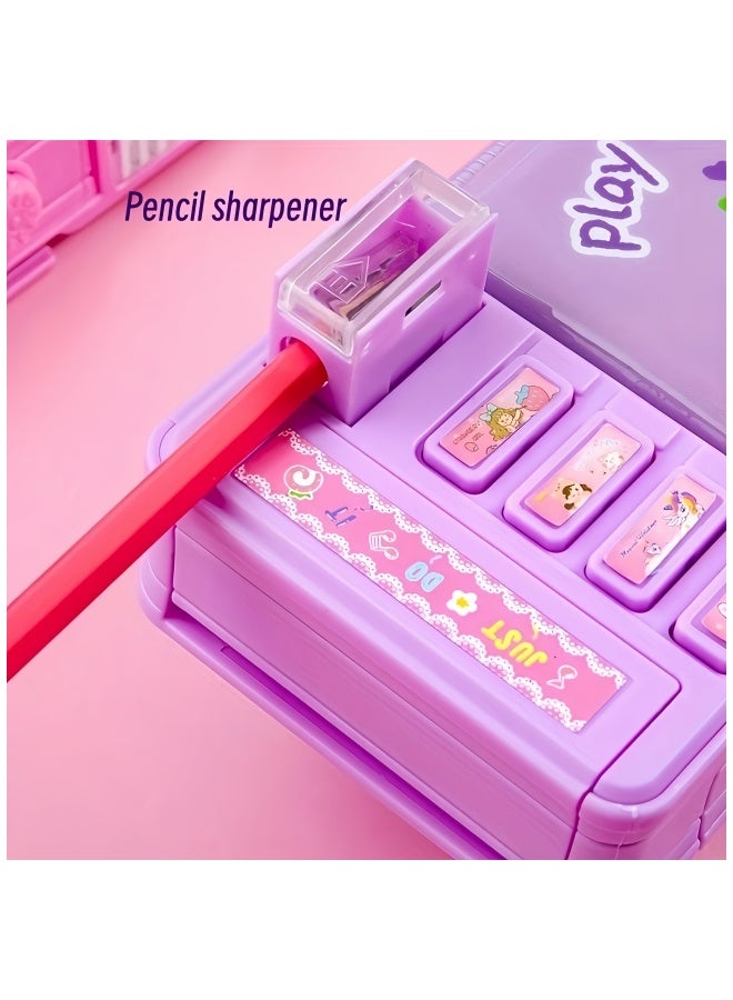 تحويل علبة قلم رصاص أرجوانية مع قفل كلمة المرور - منظم قرطاسية متعدد الوظائف ، محمولة للفتيات مع مقصورات ملونة وإغلاق آمن ، حالة قلم رصاص لطيف - Image 3