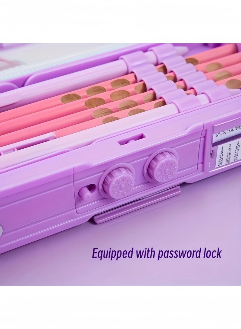 تحويل علبة قلم رصاص أرجوانية مع قفل كلمة المرور - منظم قرطاسية متعدد الوظائف ، محمولة للفتيات مع مقصورات ملونة وإغلاق آمن ، حالة قلم رصاص لطيف - Image 5