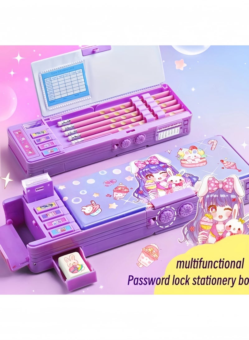 تحويل علبة قلم رصاص أرجوانية مع قفل كلمة المرور - منظم قرطاسية متعدد الوظائف ، محمولة للفتيات مع مقصورات ملونة وإغلاق آمن ، حالة قلم رصاص لطيف - Image 2