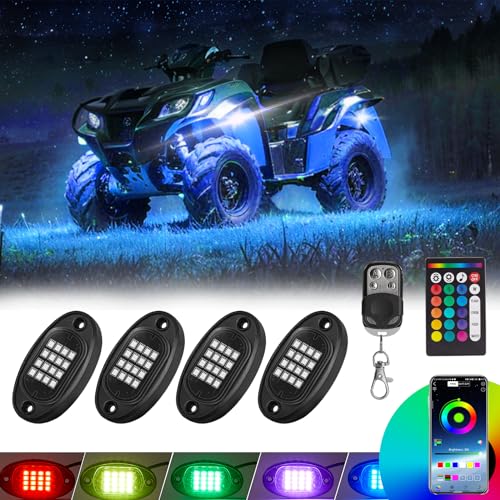 TDE Explorer.Lighting 4 Pods RGB LED Rock Lights for ATV UTV Golf Cart Truck RZR Offroad SUV, Waterproof Multicolor Underglow Kit for Cars with APP Music Mode, Vehicle Accent Underbody Light Underneath 12V - Image 1