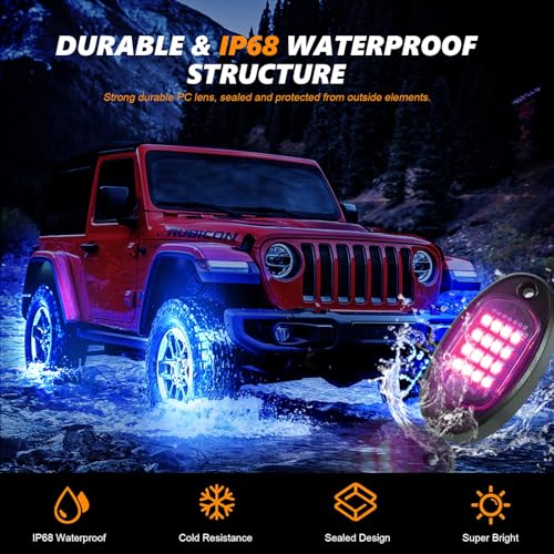 TDE Explorer.Lighting 4 Pods RGB LED Rock Lights for ATV UTV Golf Cart Truck RZR Offroad SUV, Waterproof Multicolor Underglow Kit for Cars with APP Music Mode, Vehicle Accent Underbody Light Underneath 12V - Image 2