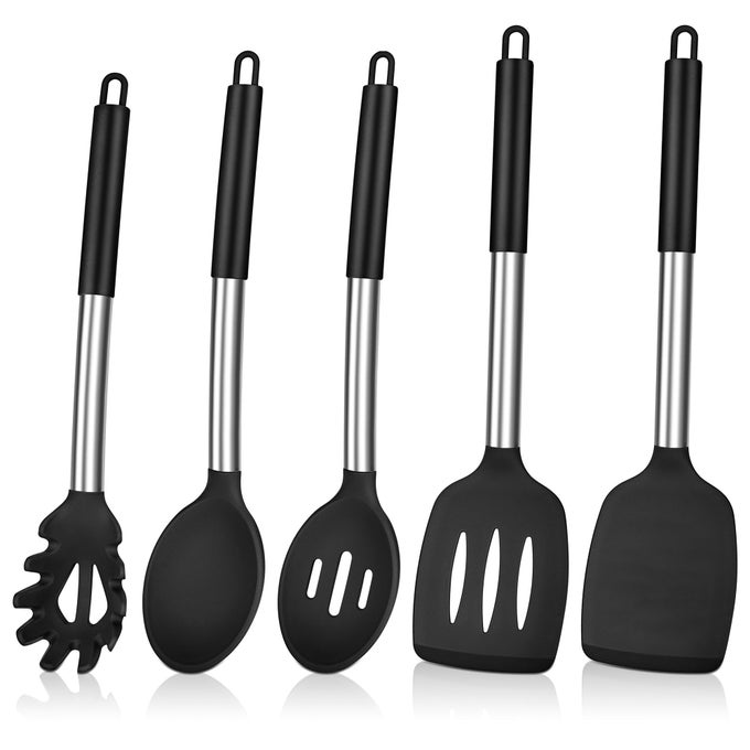 KITCHEN UTENSILS SET 5 PIECES SILICONE COOKING UTENSIL WITH STAINLESS STEEL HANDLE HEAT RESISTANT KITCHEN COOKING TOOLS TURNER SPOON SPATULA FOR NONSTICK COOKWARE PAN BLACK