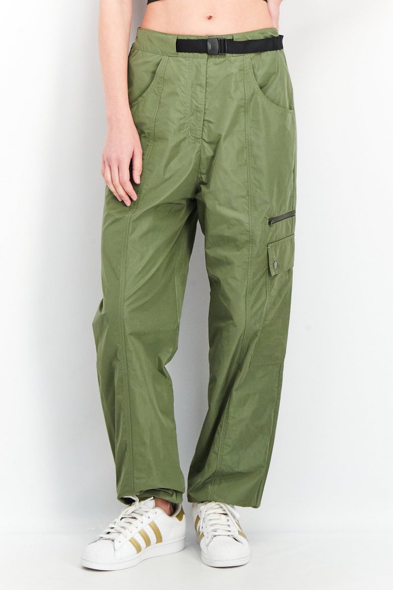 adidas Originals Women High Waist Belted Solid Pants, Dark Green - Image 1
