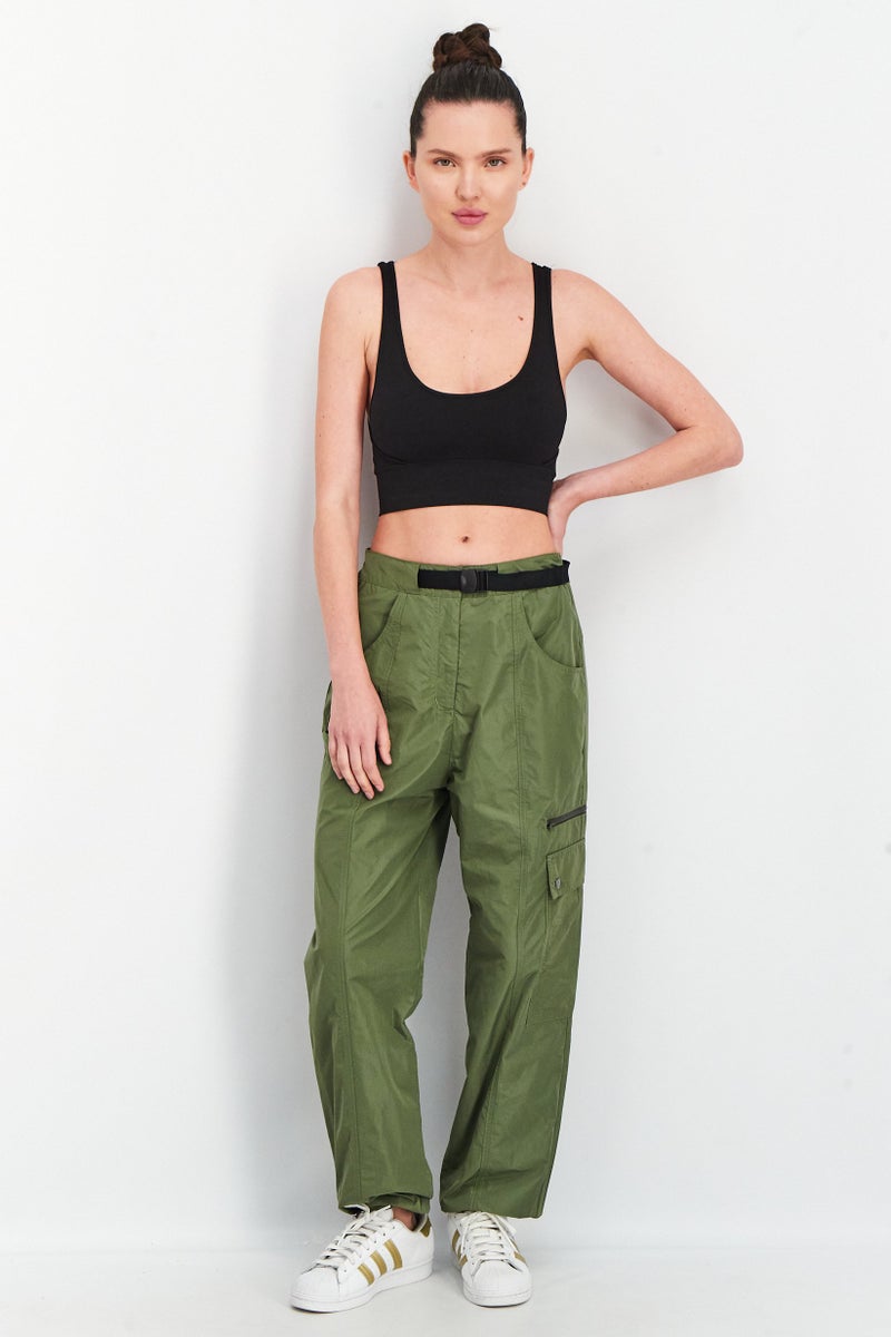 adidas Originals Women High Waist Belted Solid Pants, Dark Green - Image 4