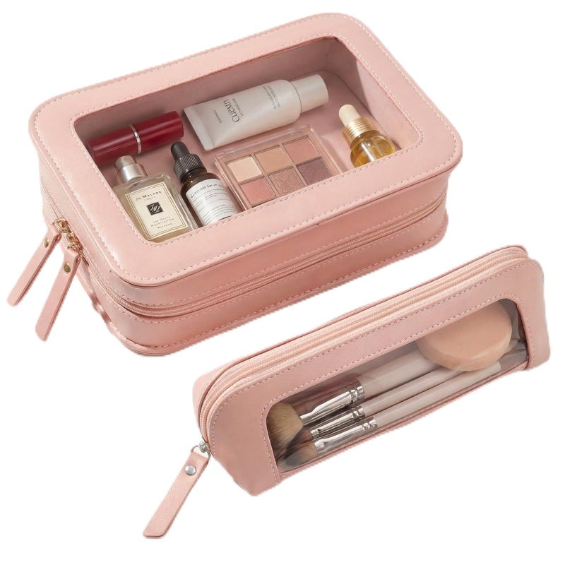 LETGO 2Pack Clear Makeup Bags Set,Clear Travel Makeup Brush Holder,Portable Leather Travel Toiletry Bag Pink Car Accessories for Women (Pink) - Image 1