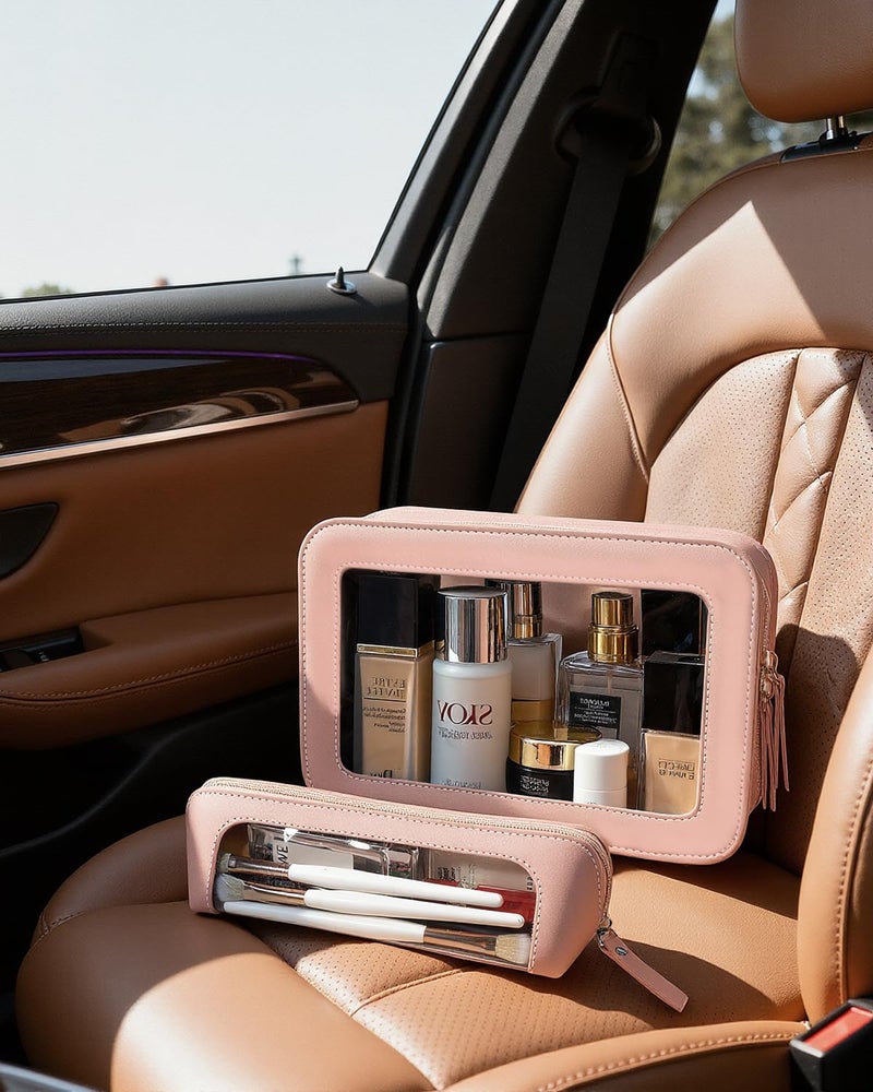 LETGO 2Pack Clear Makeup Bags Set,Clear Travel Makeup Brush Holder,Portable Leather Travel Toiletry Bag Pink Car Accessories for Women (Pink) - Image 5