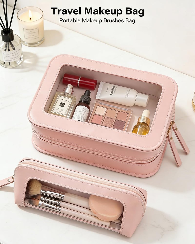 LETGO 2Pack Clear Makeup Bags Set,Clear Travel Makeup Brush Holder,Portable Leather Travel Toiletry Bag Pink Car Accessories for Women (Pink) - Image 3