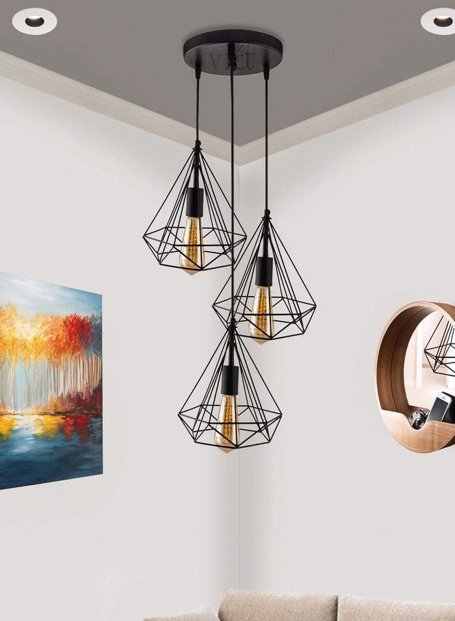 VRCT ثريا VRCT ثلاثية الأضواء بتصميم دائري على شكل ماسة، مصباح معلق، بدون لمبة، أسود - Image 1