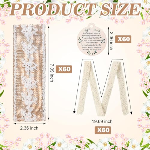 Woanger 60 Set Wedding Almond Candy Favors for Guests Include Lace Packaging and Greeting Card bridal Souvenirs for Engagement Bridal Shower Italian Wedding Tradition Gift, No Almond Candy - Image 3