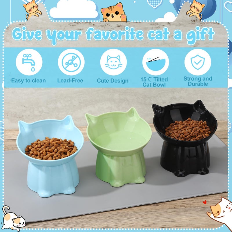 Hoemwarm 3 Pcs Elevated Cat Bowls 15Â°Raised Cat Food Bowl with Silicone Mat Whisker Friendly Anti Vomiting Cats Dishes Pet Food and Water Bowls for Indoor Cats Kittens Classic Blue, Black, Green Colors - Image 3