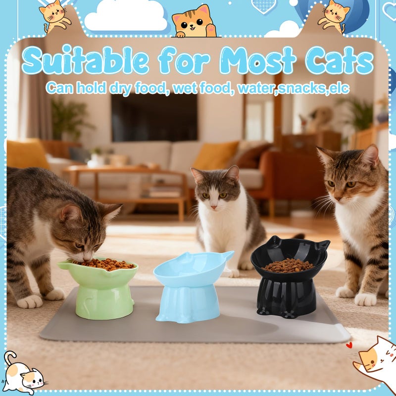 Hoemwarm 3 Pcs Elevated Cat Bowls 15Â°Raised Cat Food Bowl with Silicone Mat Whisker Friendly Anti Vomiting Cats Dishes Pet Food and Water Bowls for Indoor Cats Kittens Classic Blue, Black, Green Colors - Image 2