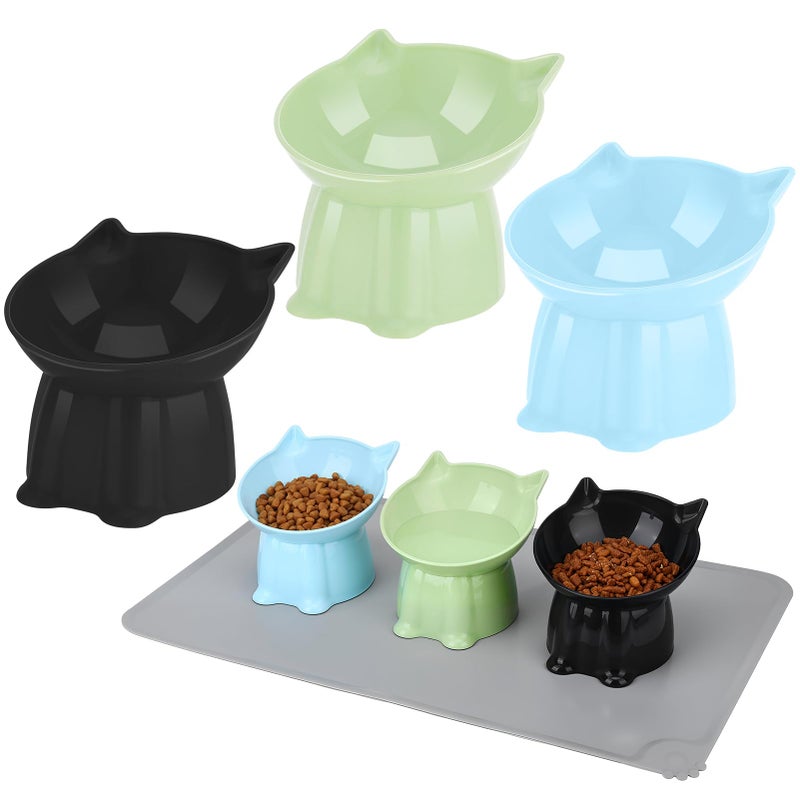 Hoemwarm 3 Pcs Elevated Cat Bowls 15Â°Raised Cat Food Bowl with Silicone Mat Whisker Friendly Anti Vomiting Cats Dishes Pet Food and Water Bowls for Indoor Cats Kittens Classic Blue, Black, Green Colors - Image 1