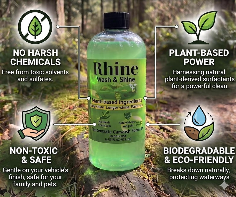 RHINE Plant-based Eco-friendly Car Wash Soap, Non-Toxic, Moderate-Foam Concentrated Professional Car cleaning soap (16 Fl Oz, 16, Fl Oz) - Image 1