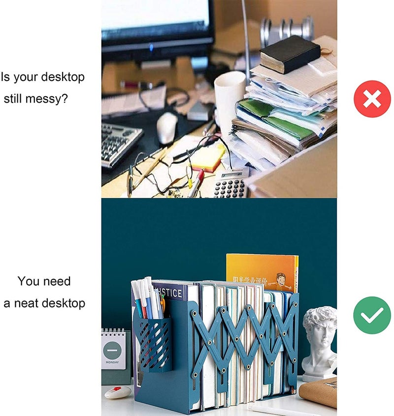 oddpod ™ Premium Expandable Metal Bookends with Pen Holder for Office Decor/Book Shelf/Living Room/Home Décor 6666 7.5"- Teal Blue - Image 3