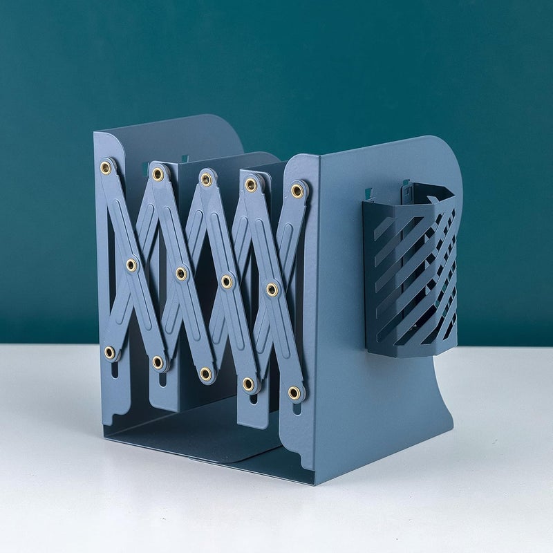 oddpod ™ Premium Expandable Metal Bookends with Pen Holder for Office Decor/Book Shelf/Living Room/Home Décor 6666 7.5"- Teal Blue - Image 1