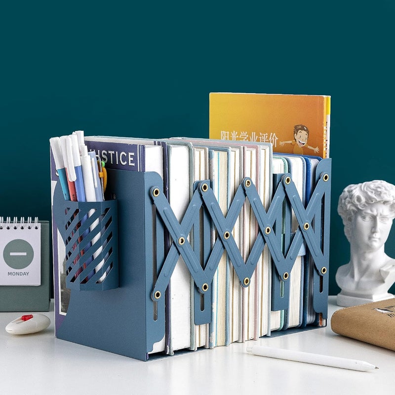 oddpod ™ Premium Expandable Metal Bookends with Pen Holder for Office Decor/Book Shelf/Living Room/Home Décor 6666 7.5"- Teal Blue - Image 2
