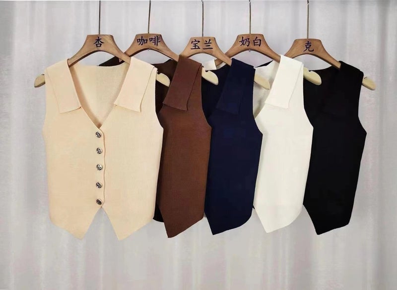ICW Women's Knitted Ribbed Golden Button Sleeveless Polo Collar Crop Vest Sling Cami Tank Top Dn83157 (in, Alpha, M, Regular, Black) - Image 5