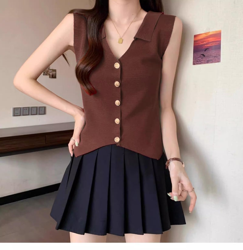 ICW Women's Knitted Ribbed Golden Button Sleeveless Polo Collar Crop Vest Sling Cami Tank Top Dn83157 (in, Alpha, M, Regular, Black) - Image 2
